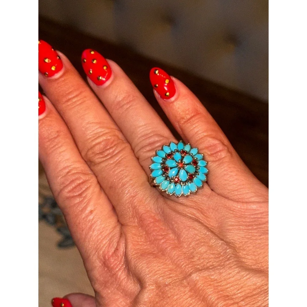 925‎ Sterling Silver Turquoise Garnet Flower Ring Cluster Statement Ring - Picture 4 of 9